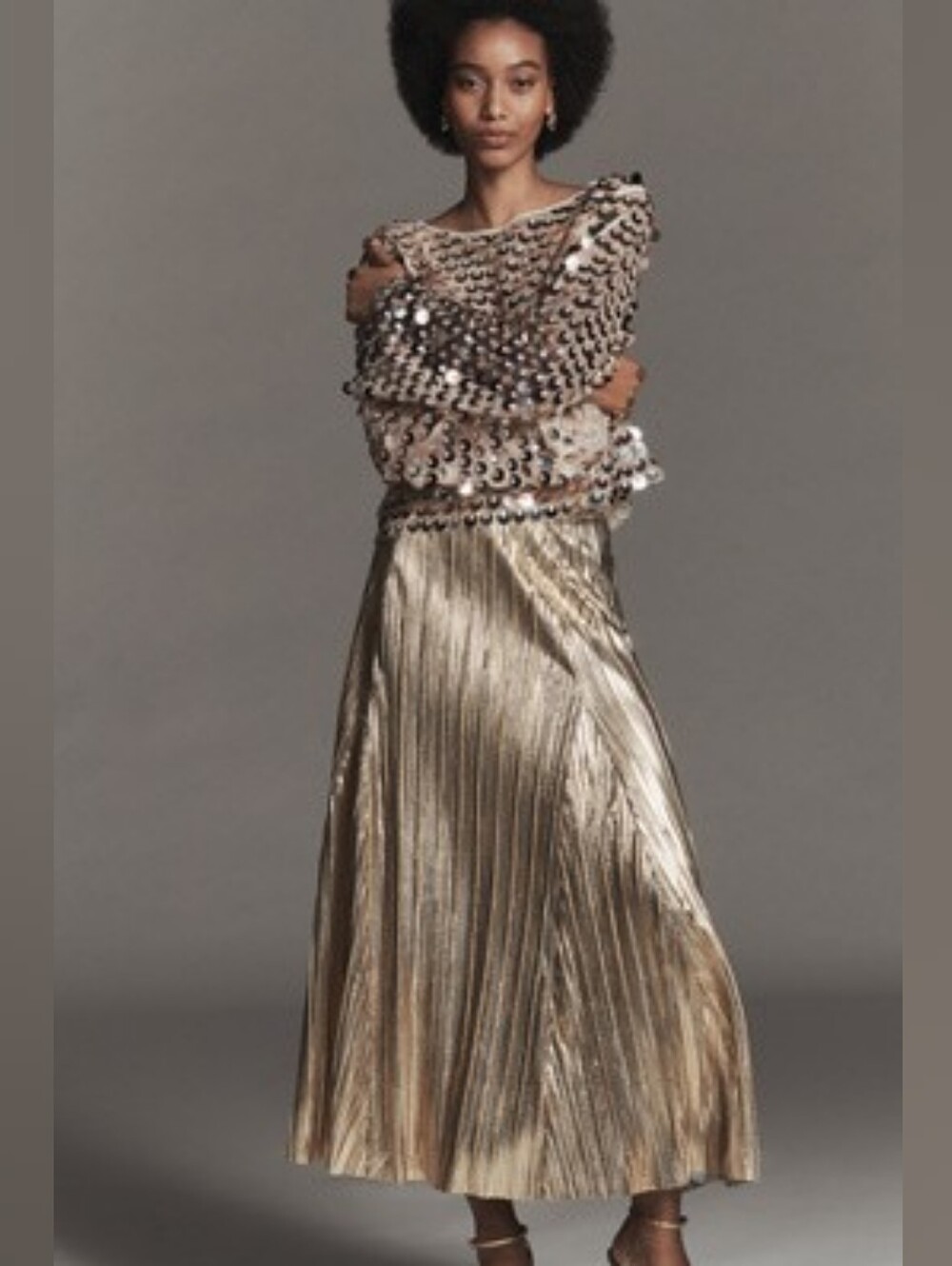Anthropologie Metallic Pleated Gold Midi Skirt